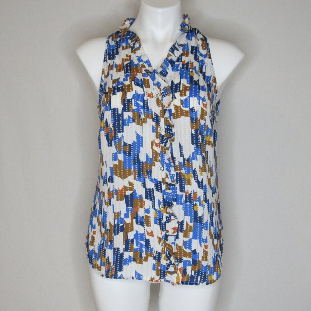 CAbi JIGSAW Blue Abstract Print Sleeveless Ruffle Blouse Women's XS Xsmall 6106